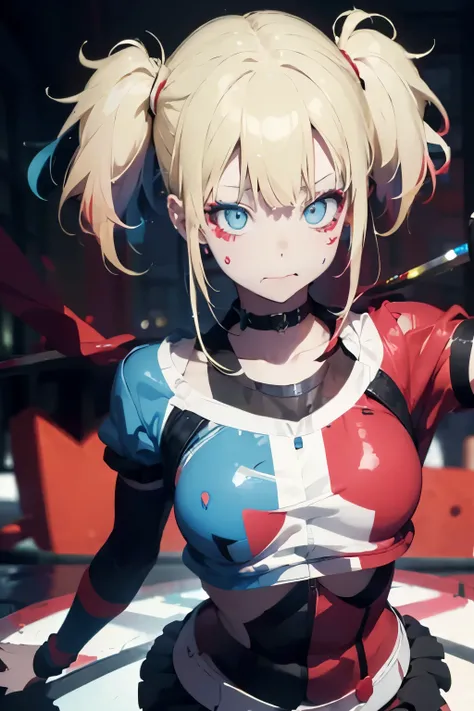  a girl with blonde hair with Harley Quinn style pigtails, blue eyes, Her face is painted like Harley Quinn ,  on his face you can see a somewhat lunatic face. (full body)