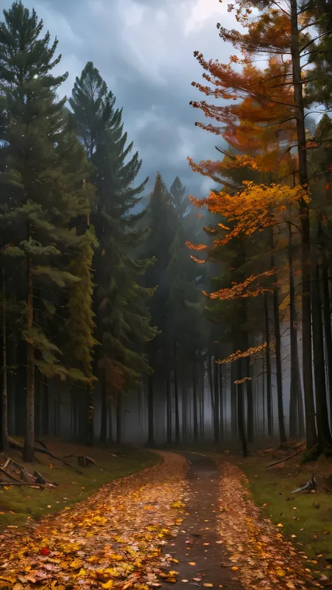 cloudy autumn sky, fallen leaves, forest landscape, mist, twilight, dramatic lighting, moody atmosphere, cinematic, digital art, vibrant colors, highly detailed, masterpiece