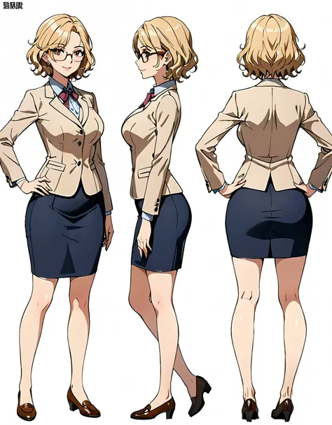 masterpiece, best quality, hires, 1girl, equal height, finger proportions coordination, medium breasts, suit, skirt, pencil skirt, bare legs, glasses, shoes, solo, single, hands on hip, standing, beautiful detailed eyes, beautiful detailed face, (blonde ha...