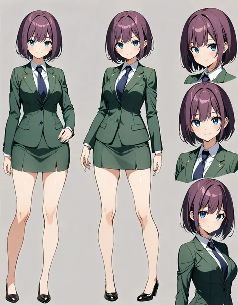 (masterpiece), (best quality), (highres), 1girl, solo, highly detailed, green suit and tie, pencil skirt, miniskirt, bare legs, matching shoes, looking at viewer, perfect hands, perfect eyes, perfect legs, perfect arms, perfect fingers, medium breasts, pur...