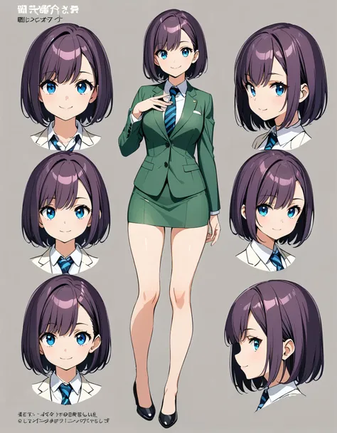 (masterpiece), (best quality), (highres), 1girl, solo, highly detailed, green suit and tie, pencil skirt, miniskirt, bare legs, matching shoes, looking at viewer, perfect hands, perfect eyes, perfect legs, perfect arms, perfect fingers, medium breasts, pur...