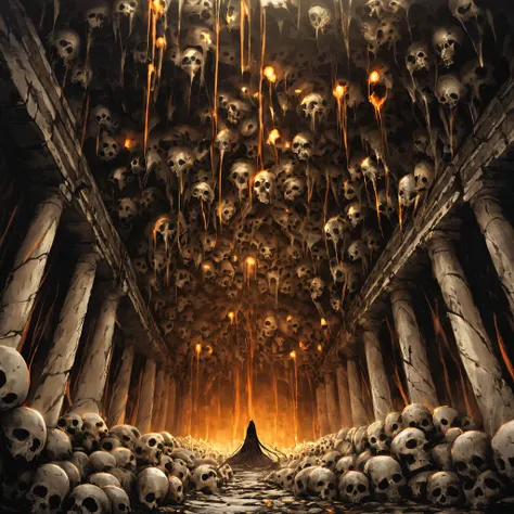 An ancient catacomb lies buried deep beneath the earth, its air thick with an oppressive silence. Narrow, winding corridors twist endlessly, their walls built entirely from rows of human skulls and bones, meticulously stacked and fused into an unholy archi...