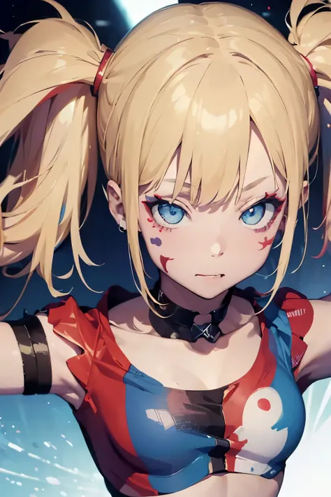  a girl with blonde hair with Harley Quinn style pigtails, blue eyes, Her face is painted like Harley Quinn ,  on his face you can see a somewhat lunatic face. (full body)