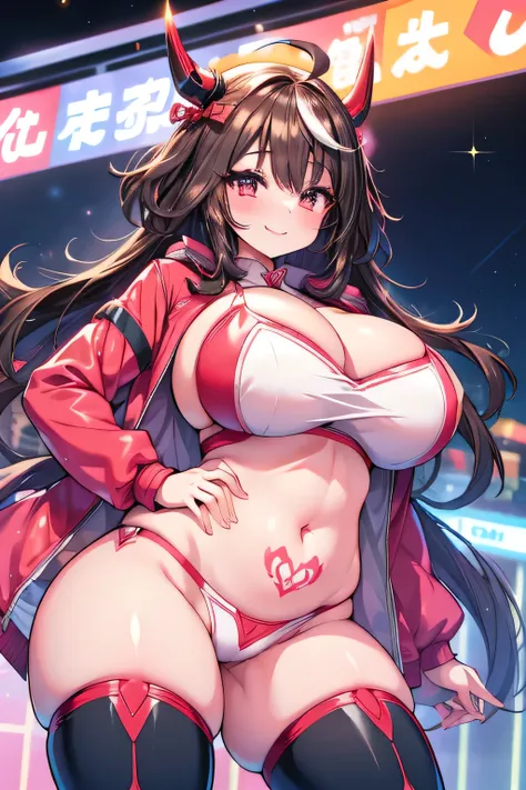 erotic anime、best quality、 kampala、 plump、 a horny girl with a big bust and hips makes sexual appeal in a futuristic game center...