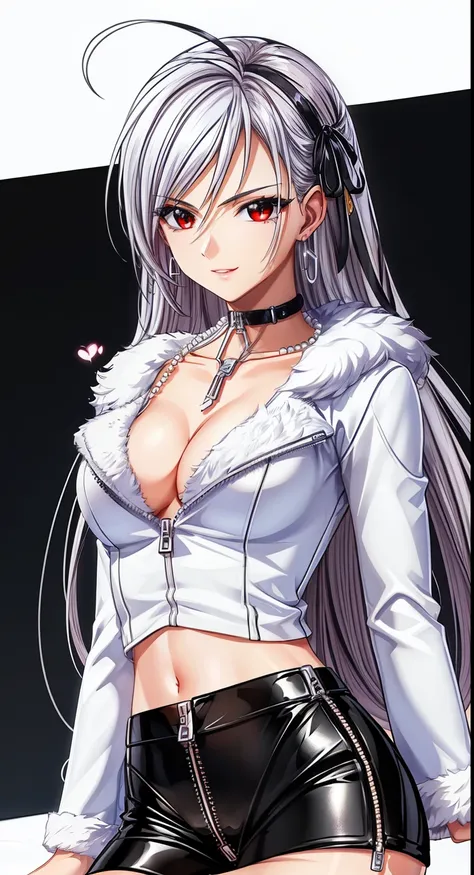 Silver Hair、1 adult woman、((mature woman))、Red eyes、(Upper body)、Long hair、(big diamond necklace:1.2)、Tight waist、Small waist、Glowing Skin、hair ribbon、Heart earrings、Eight-headed body、BREAK ((white fluffy fur jacket, all white fur jacket, soft texture, det...