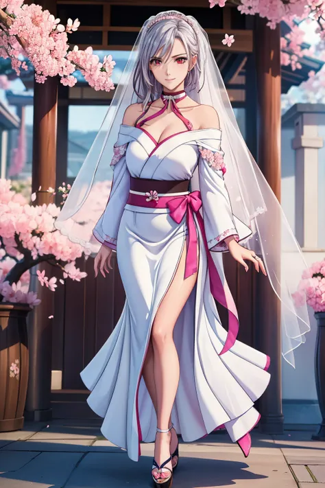 (masterpiece, best quality, beautiful and aesthetic:1.3), Elegant mature woman, 1woman, ((full body)), long hair, bright silver hair, (small breast:1.0), red eyes with slit pupils, sparkle in the eyes, looking at the viewer, small details, detailed face, i...