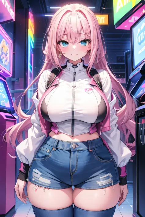 erotic anime、best quality、 kampala、 plump、a girl with a big bust and hips makes sexual appeal in a futuristic arcade illuminated...