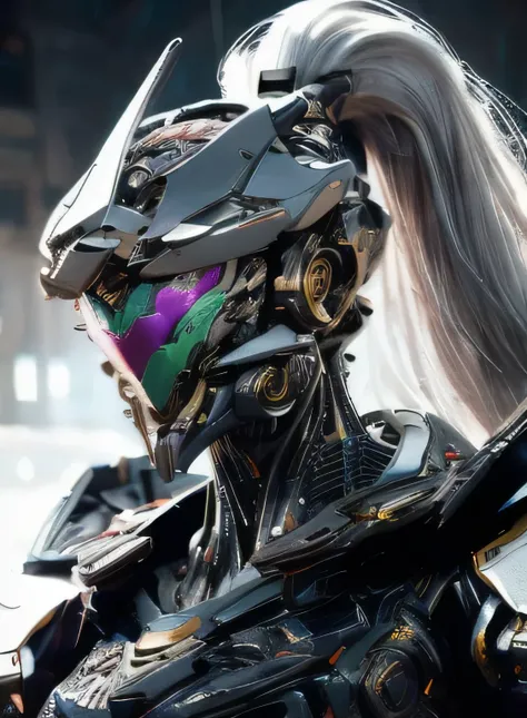  8k mechanical module with complex texture details to build simulated dummy model breasts，Huge machine constructs prostheses to simulate breasts，beautiful silver ponytail，Exquisite jeweled cyberpunk breastplate， Alien Girl in heavy armor hypercyberpunk str...