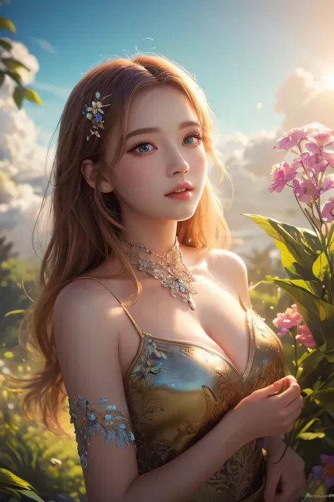 ((masterpiece)), ((best quality)), (ultra-detailed), ((kawaii)), cute, (lovely), ((extremely detailed)), 4K, (8K), best quality, (beautiful), illustration, ((upper body:1.3)), a pretty woman, Norse goddesses, in sky garden, wandering among magical flowers ...