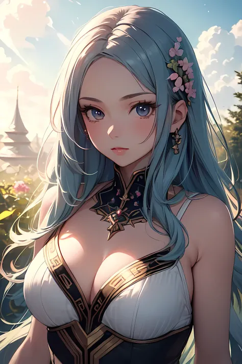 ((masterpiece)), ((best quality)), (ultra-detailed), ((kawaii)), cute, (lovely), ((extremely detailed)), 4K, (8K), best quality, (beautiful), illustration, ((upper body:1.3)), a pretty woman, Norse goddesses, in sky garden, wandering among magical flowers ...