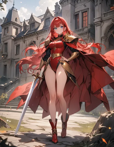 masterpiece, best quality, highres, 8k, solo female knight, mansion, red cape, long straight red hair, medium breasts, standing,...