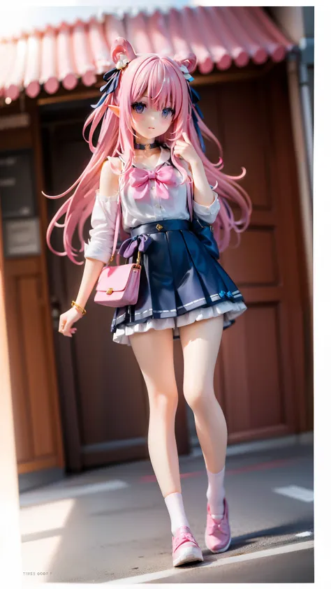 pink hair,,,bow ribbon,mini skirt,