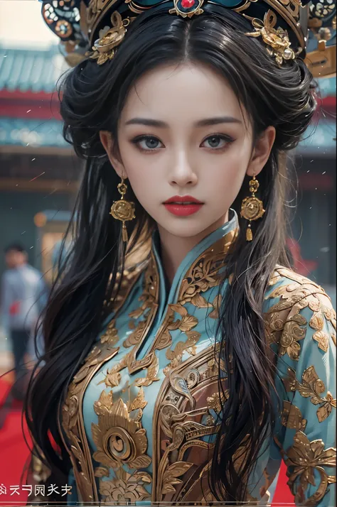 1female，45 yers old，Married woman，legs long, a slender waist， photo exposure， report， She has long black hair，Redlip，The stands up，seen from the front， curlies， sky with many clouds，（（（tmasterpiece），（Very detailed CG unified 8k wallpaper），Best quality，movi...