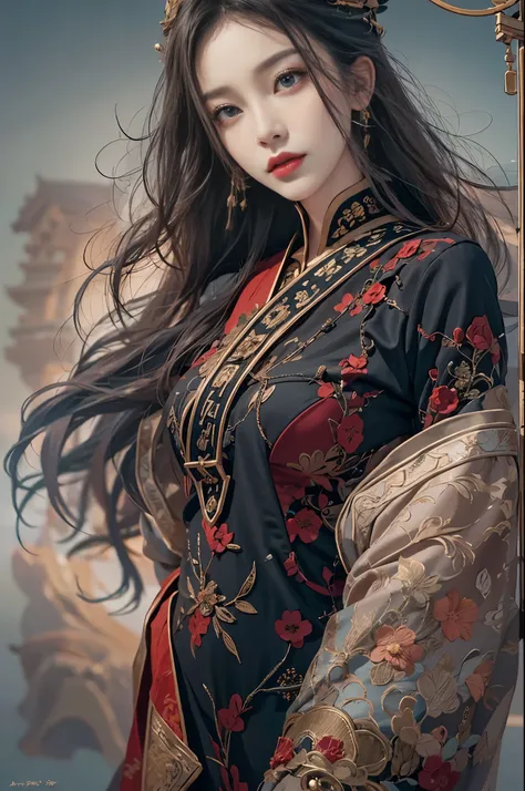 1female，45 yers old，Married woman，legs long, a slender waist， photo exposure， report， She has long black hair，Redlip，The stands up，seen from the front， curlies， sky with many clouds，（（（tmasterpiece），（Very detailed CG unified 8k wallpaper），Best quality，movi...