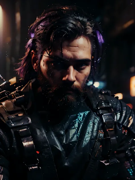 a great man soldier , bearded, hair combed back, with cyberpunk weapons , looking at the camera , deep in the cyberpunk city , animation style, 4K quality, super detailed, high resolution , purple light