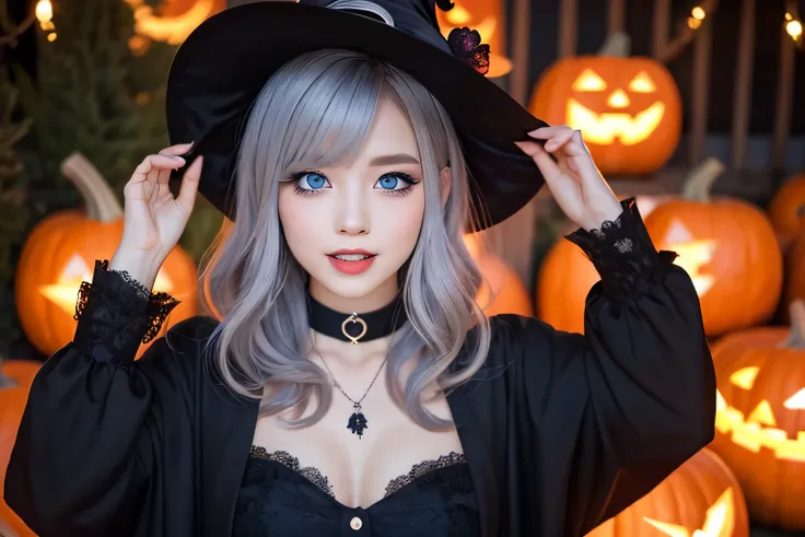 
((masterpiece)), ((best quality)), (ultra-detailed), ((kawaii)), cute, (lovely), ((extremely detailed)), 4K, (8K), best quality, (beautiful), illustration, (upper body), ((spread arms)), a pretty woman, young woman, in vibrant Halloween witch, (Halloween ...