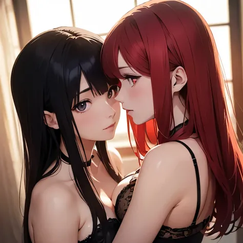 Two beautiful young women, Anime Style, Detailed face, Redhead, Red eyes, Delicate features, Soft lighting, underwear, Embrace each other, Intimate pose, One touches the other&#39;Gently wash your face, Sit on a cozy sofa, Warm and cozy living room, Relaxe...