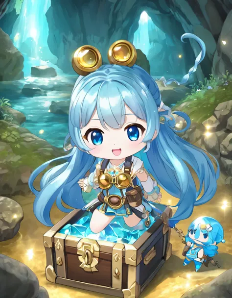  long light blue hair 、Twintail Hairstyle Chibi Character Expedition、expedition costume、 headlights on her head 、I found a shining treasure chest in a cave 、There are lots of shining treasures in the treasure chest。Surprised face