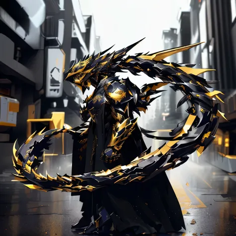 arafed image of a person in a black robe and a gold dragon, ornate cosplay, black and golden armor, demonic dragon inspired armo...