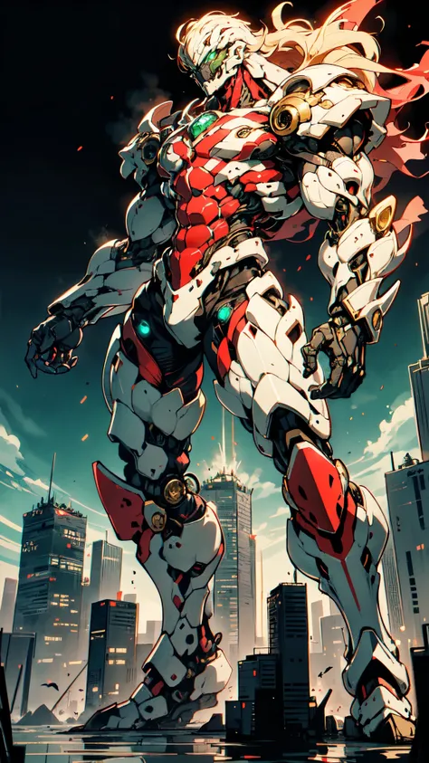 (masterpiece:1.5, best quality:1.5, extremely delicate:1.5), ((male:1.5)), Biomimetic humanoid Mecha, green eyes, fully enclosed shoulder guards, matching arm and leg guards, gemstone, full body, full armor, the design balances heavy with agility, organic ...