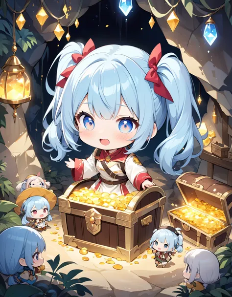  long light blue hair 、Twintail Hairstyle Chibi Character Expedition、expedition costume、 headlights on her head 、I found a shining treasure chest in a cave 、There are lots of shining treasures in the treasure chest。Surprised face