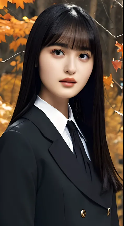 autumn leaves,moonlight,Beautiful forest, (1 midnight.3), Ebony Shiny Hair,Bangs,medium long hair, black eyes, Big breasts, ( School uniform :1.3), alone,  1 Girl ,
(masterpiece, best quality,Extremely Fine )