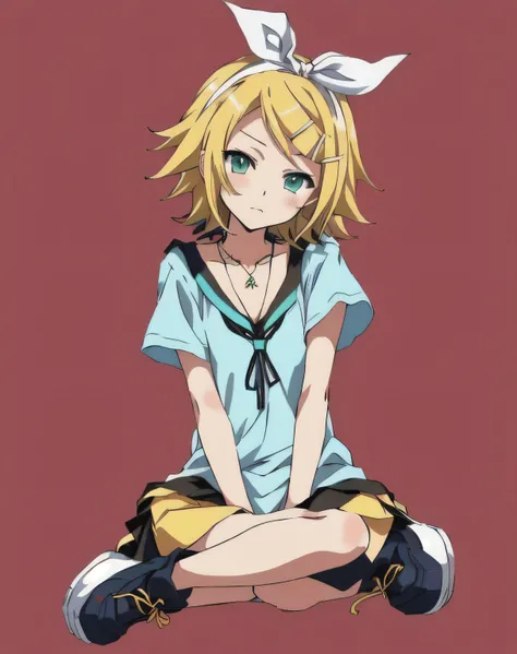 anime girl が地面に座っており、首に首飾りをつけている, Anime style”, Kagamine Rin, by EiQ, Human Flow, anime styleキャラクター, dark-haired womans tan skin wearing a necklace around her neck !, anime style, anime girl がしゃがみ込んで , Relax Pose , Rei Hiroe, with a girl with sh...
