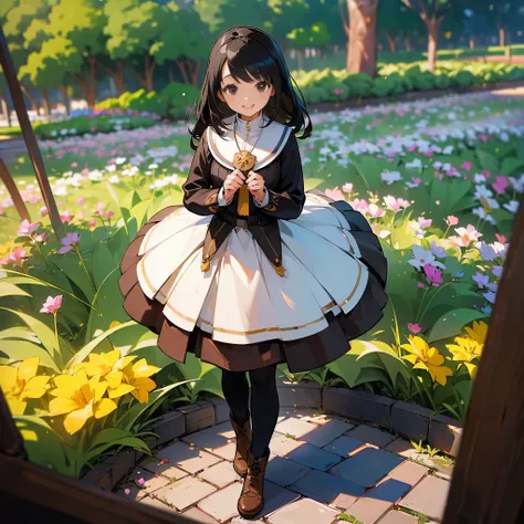 (high quality,  Kampala, Very detailed, reality:1.37), Peaceful atmosphere, (Outdoor, garden), Teenage girl standing alone,  Beautiful details,  cute smile , ( black hair), Ribbed sweater,Brown skirt, Black tights, Brown boots.