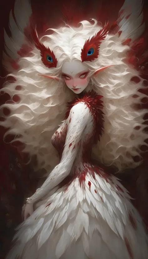  Albino elf girl with long wavy hair, white body,  deep red eyes, a big smile and blood pouring from her neck , white peacock feather dress,