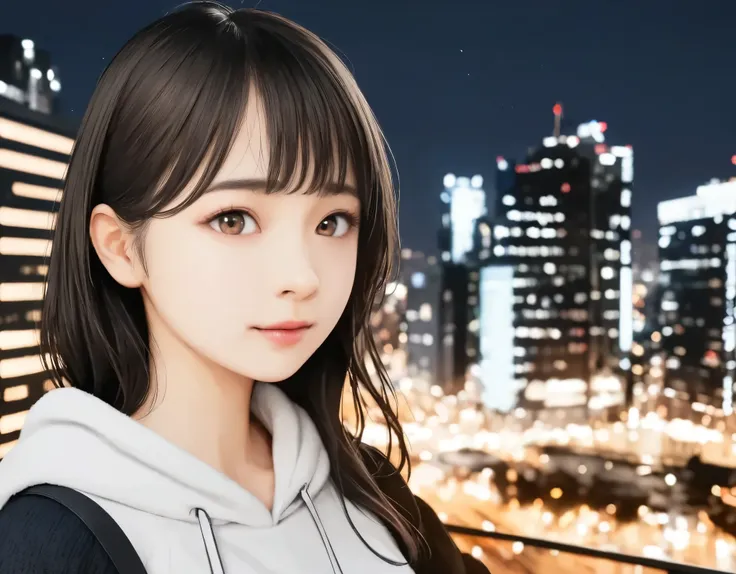 (best quality, 8k, high resolution:1.2), 1girl, skyscraper, night view, upper body