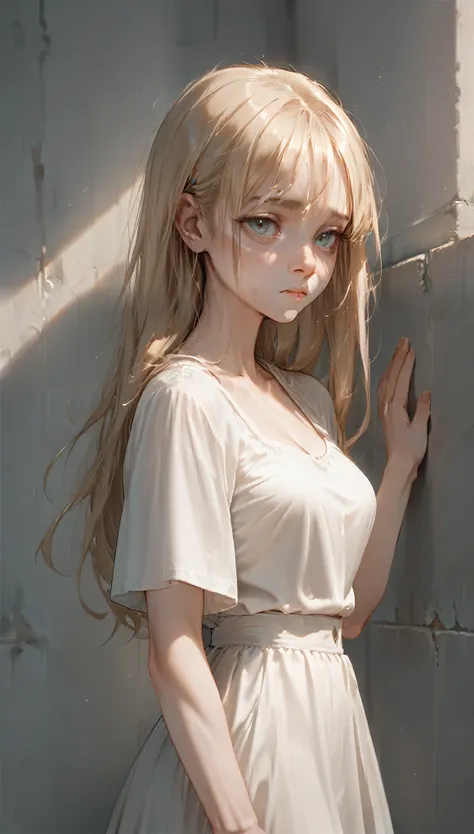 score_9, score_8_up, score_7_up, beautiful girl leaning against a wall, sad expression