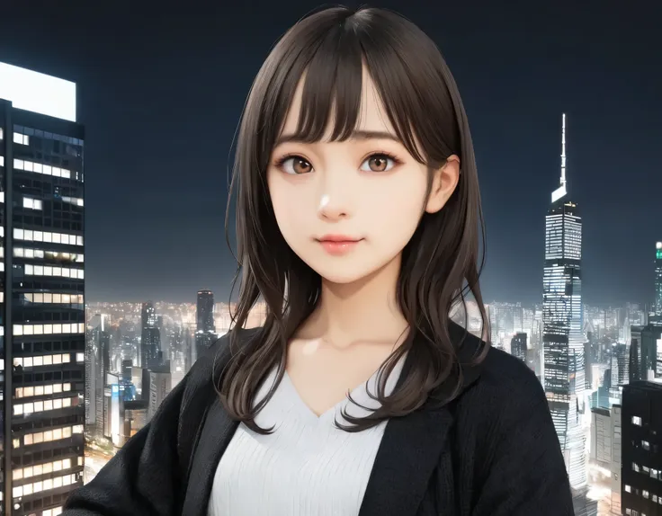 (best quality, 8k, high resolution:1.2), 1girl, skyscraper, night view, upper body