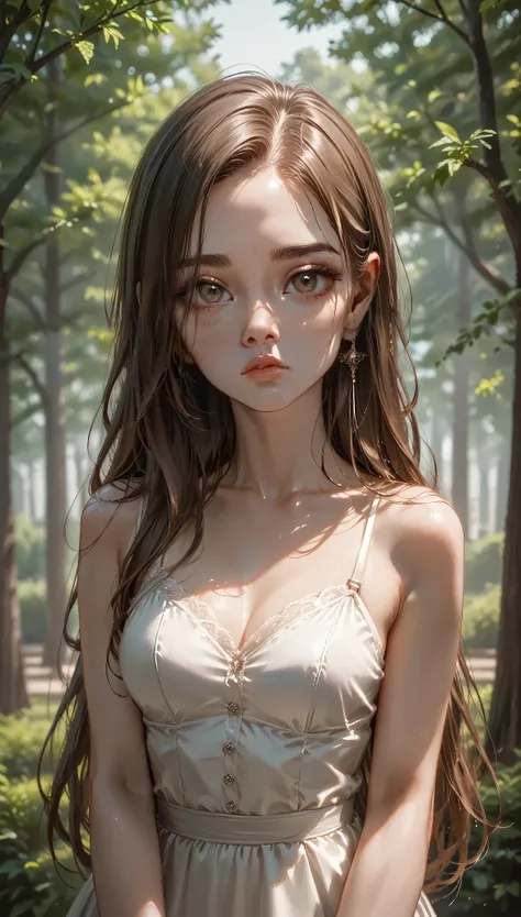 score_9、score_8_up、score_7_up, A beautiful girl leaning against a tree, park, sad expression, detailed face, long eyelashes, delicate lips, porcelain skin, elegant dress, cinematic lighting, dramatic shadows, muted color palette, melancholic atmosphere, in...