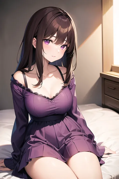  masterpiece、30th Generation、woman、 sitting on bed、Dark Background、 medium hair、 snap bangs, Brown Hair、 face up 、 slightly open opening 、 close eyes、 pale purple dress、profile