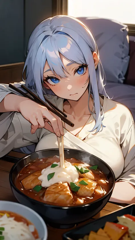 Silver Hair、 blue eyes 、 lying on a futon 、Girl eating katsudon 、 holding chopsticks in her right hand