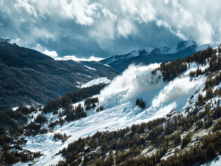 an avalanche photo, the photo has vintage looks, vhs looks, vintage tone, dark sky, overcast, dark cloud