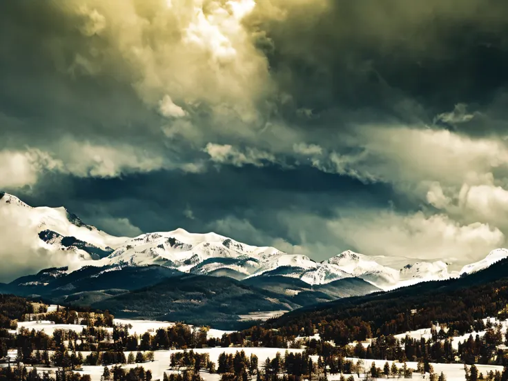 an avalanche photo, the photo has vintage looks, vhs looks, vintage tone, dark sky, overcast, dark cloud, vintage ad style