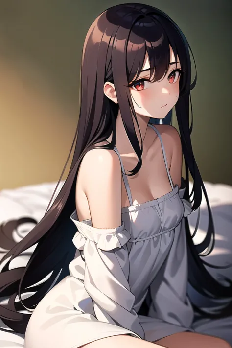  masterpiece、30th Generation、woman、 sitting on bed、Dark Background、 face up 、 slightly open opening 、 close eyes、 white dress、profile、Look left 、 long hair、Wavy Hair,Forehead, Black Hair