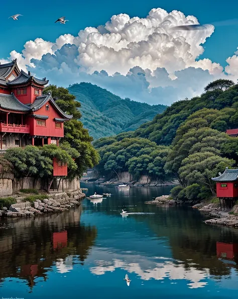 color (fantasy: 1.2), (traditional chinese style), (irregular red building floating on the cloud), patchwork cottages, flower de...