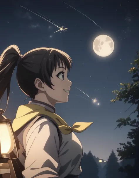 score_9, score_8_up, score_7_up, gsfghtr, neckerchief, 1girl, sweet smile, night at mountatin, moon, shooting star, from side