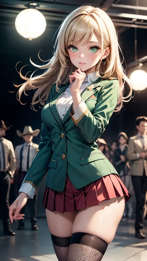 ((   ultra high resolution  ，masterpiece:1.2))，(( Highly detailed art ))，((Unity 8k Quality  ))，((  Very Beautiful 21 Year Old Girl  ))，(( Green Blazer Uniform，red pleated micro miniskirt ))，((Black fishnet stockings_ stockings))，  Sleek Brown Long Hair  ，...