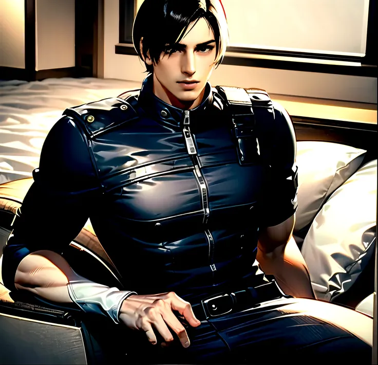 (Highly detailed CG), ( best quality), (Highly detailed CG), ( best quality), (Leon S. Kennedy), (Overall view) SWAT Clothing, Beautiful and attractive young man, Lean and muscular