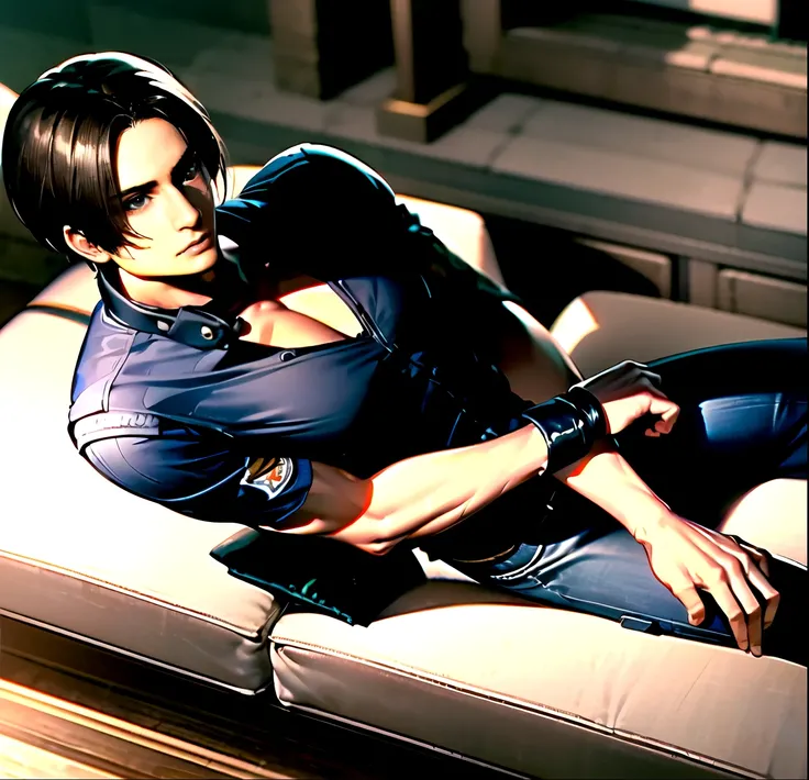 (Highly detailed CG), ( best quality), (Highly detailed CG), ( best quality), (Leon S. Kennedy), (Overall view) SWAT Clothing, Beautiful and attractive young man, Lean and muscular