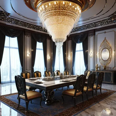 there is a dining room with a table and chairs and a chandelier, cgsociety 9, futuristic persian palace, cgsociety unreal engine, redshift houdini, futuristic. game cg, unreal engine cinema4d, ornate cyberpunk interior, hyperrealistic symmetrical 8k, rene ...