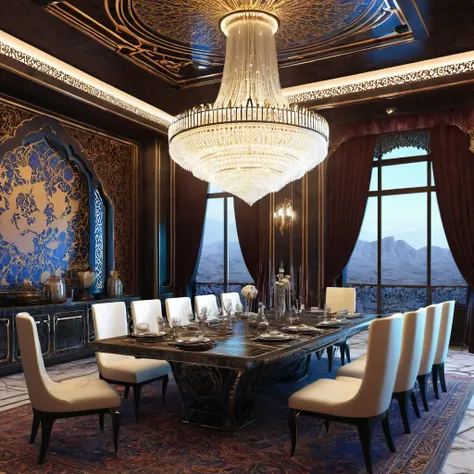 there is a dining room with a table and chairs and a chandelier, cgsociety 9, futuristic persian palace, cgsociety unreal engine, redshift houdini, futuristic. game cg, unreal engine cinema4d, ornate cyberpunk interior, hyperrealistic symmetrical 8k, rene ...