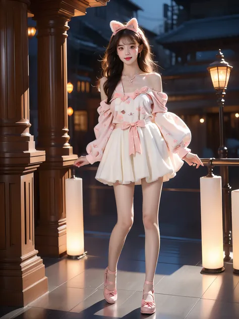 cyb dress,rabbit dress,white dress,rabbit skirt,shirt,animal print shirt,long sleeves,bow,pink bow,rabbit ears,rabbit print ,((full body)), ((single bare shoulder)), (Asian beauty: 1.3), girl, solo, ((short skirts, miniskirt, very short hemline)), (toned b...