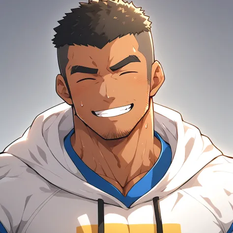 One Black person, anime characters：Gyee, Young Muscle Sports Sexy Teacher, Buzz Cut，sweat, negro black skin, pectoralis major, male focus, White hooded sports sweatshirt, Wear a black high-necked tights inside, Very tight, muscular male, muscular, only, Up...