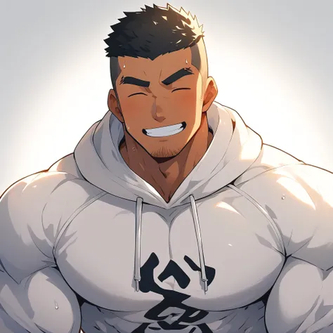 One Black person, anime characters：Gyee, Young Muscle Sports Sexy Teacher, Buzz Cut，sweat, negro black skin, pectoralis major, male focus, White hooded sports sweatshirt, Wear a black high-necked tights inside, Very tight, muscular male, muscular, only, Up...