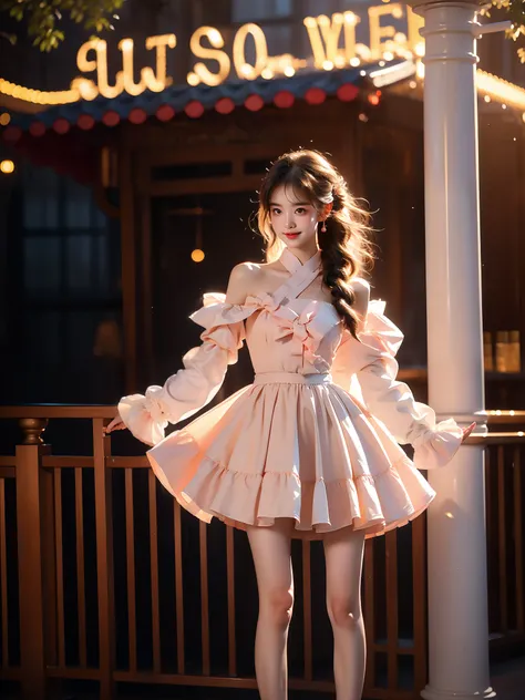 cyb dress, long sleeves, puffy long sleeves, bow
pink dress ,((full body)), ((single bare shoulder)), (Asian beauty: 1.3), girl, solo, ((short skirts, miniskirt, very short hemline)), (toned body: 1.2), (naturally large breasts: 1.1), (visible cleavage: 0....