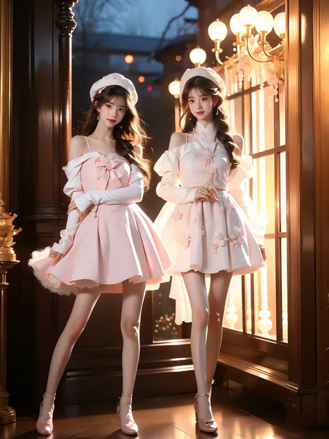 cyb dress, pink dress, dress, pom pom, bow, long sleeves, puffy sleeves, hat ,((full body)), ((single bare shoulder)), (Asian beauty: 1.3), girl, solo, ((short skirts, miniskirt, very short hemline)), (toned body: 1.2), (naturally large breasts: 1.1), (vis...